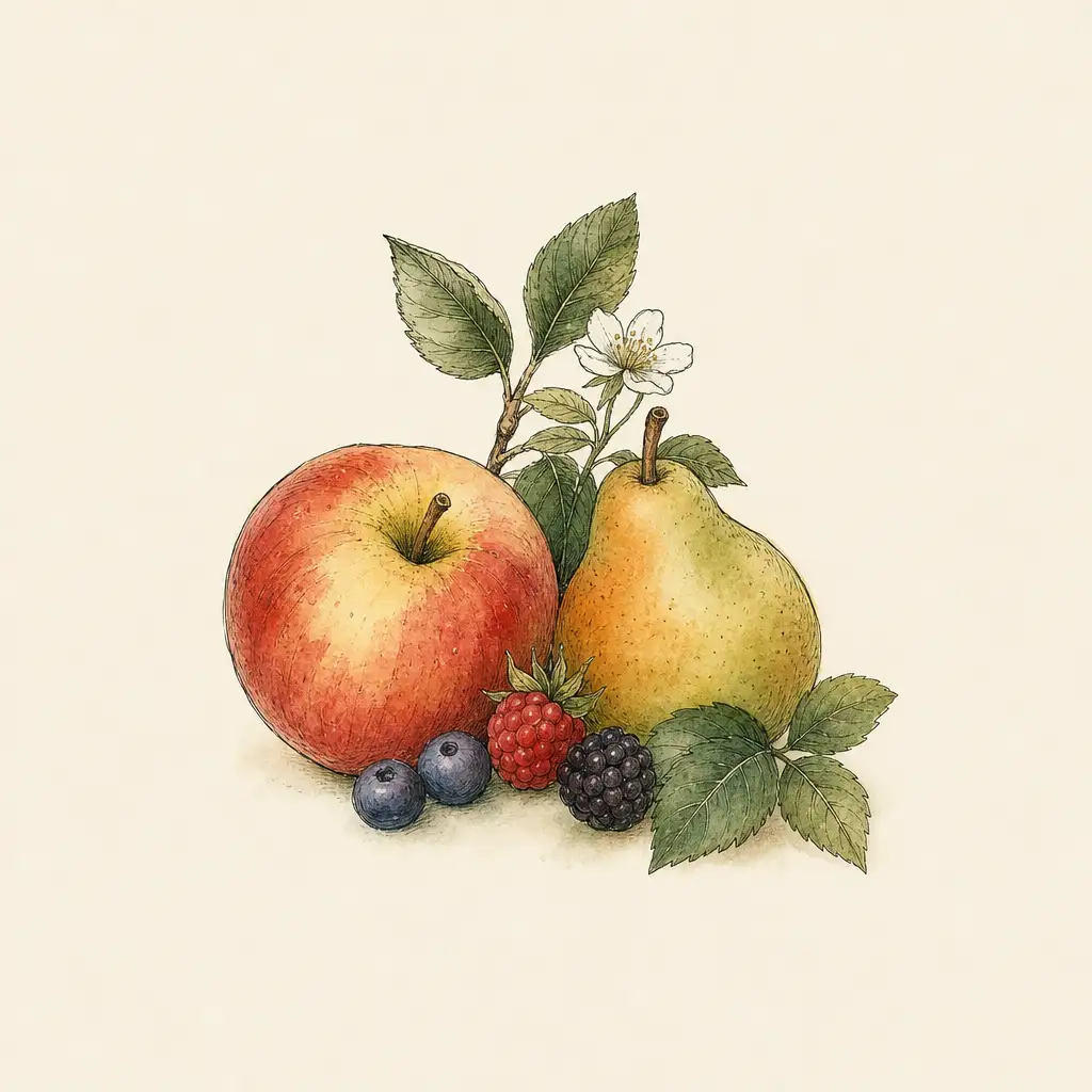 An apple, a pear and berries
