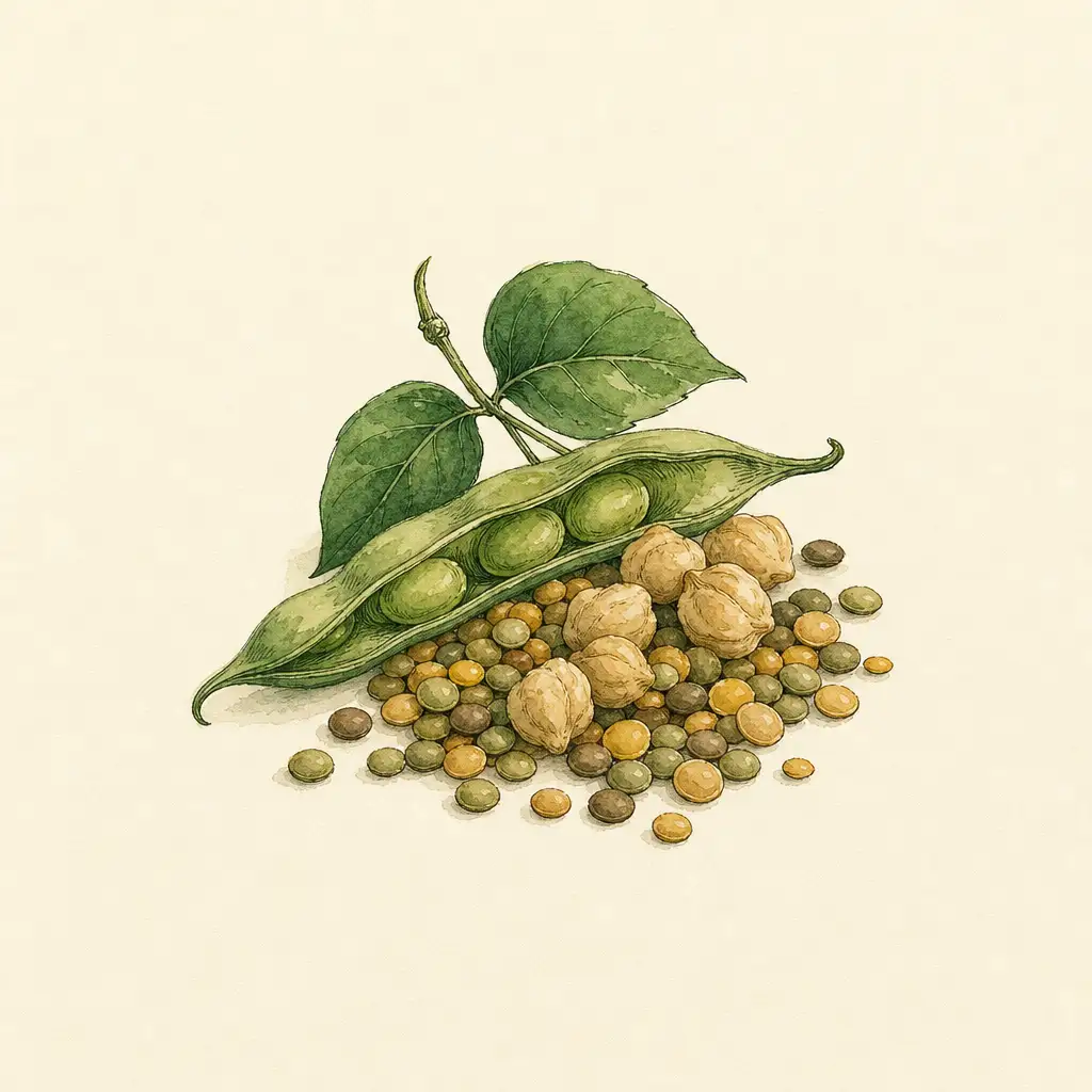 Lentils, chickpeas and a bean pod