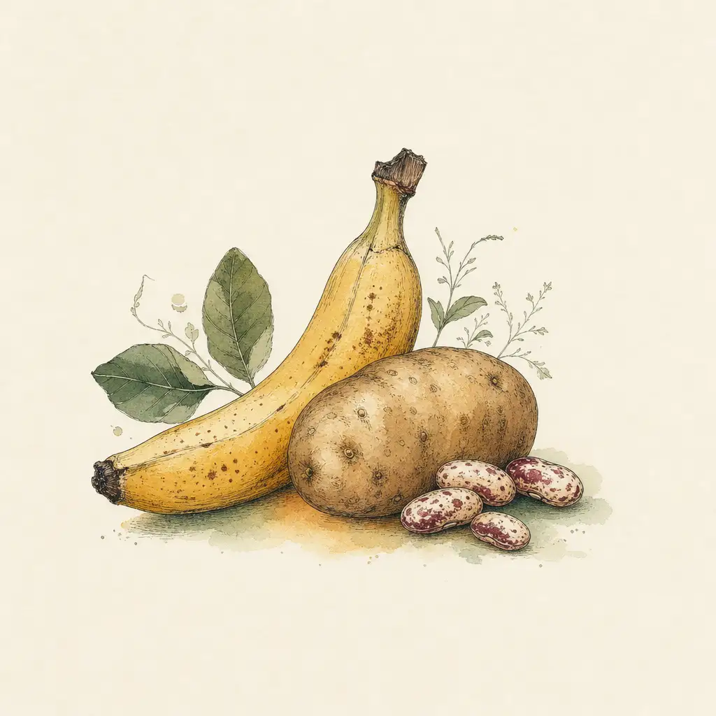 A banana, a potato and beans