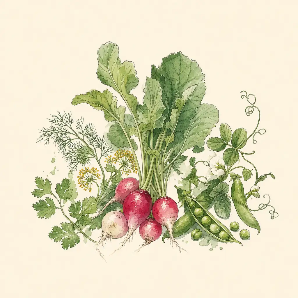 Radishes, herbs and peas