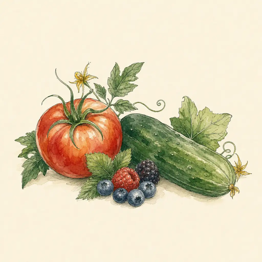 A tomato, a cucumber and berries